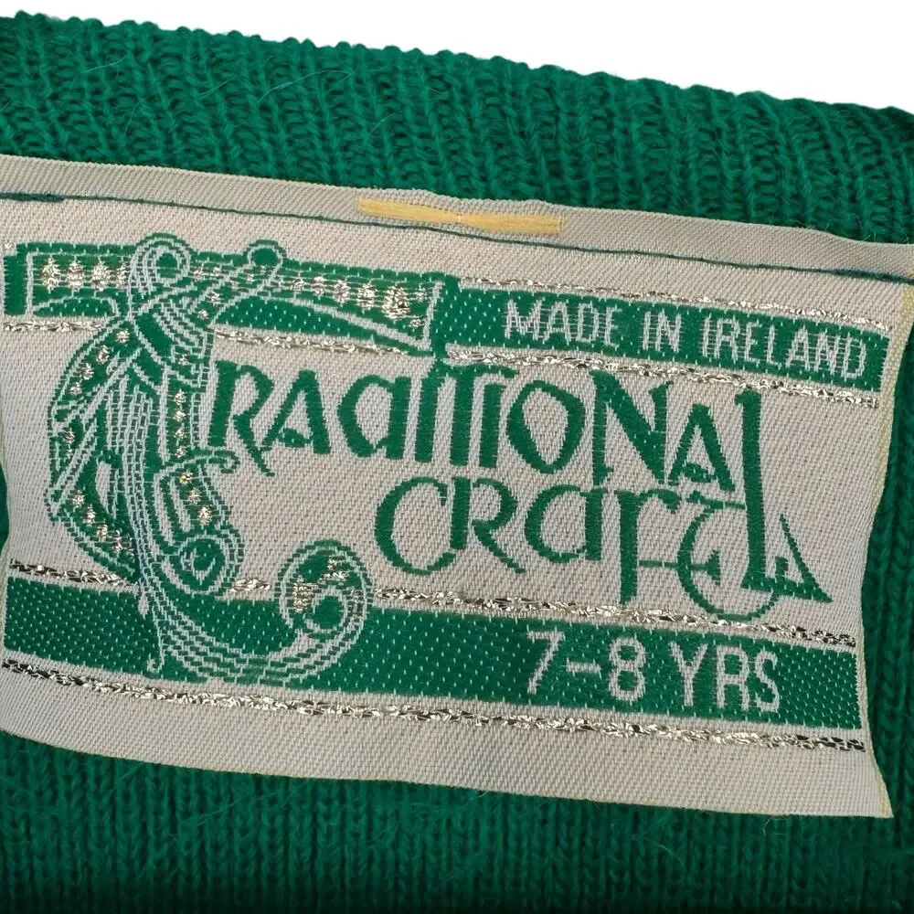 Traditional Craft Irish V Neck Sweater Kids 7-8 Celtic St Pattys‎ Day Green